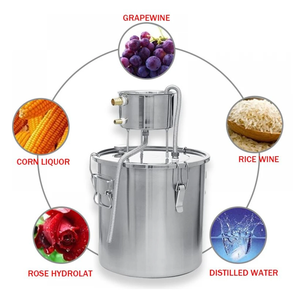 Distilator Alcool, Capacitate 22 Litri, din Otel Inoxidabil, Pompa de Apa si tub de Cupru, Set pentru productia acasa de Whisky, Vin si Brandy, Apa distilata, Termometru Incorporat