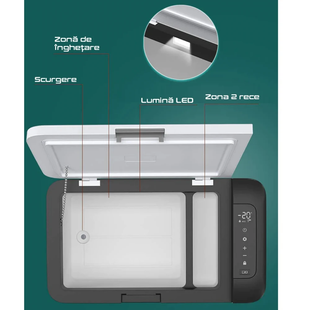 Frigider auto 18l, pentru dube, spații foarte mici cu funcție de răcire/congelare, 12/24V, 220V, panou solar, rezistent la vibrații, cu compresor cu freon -20°C