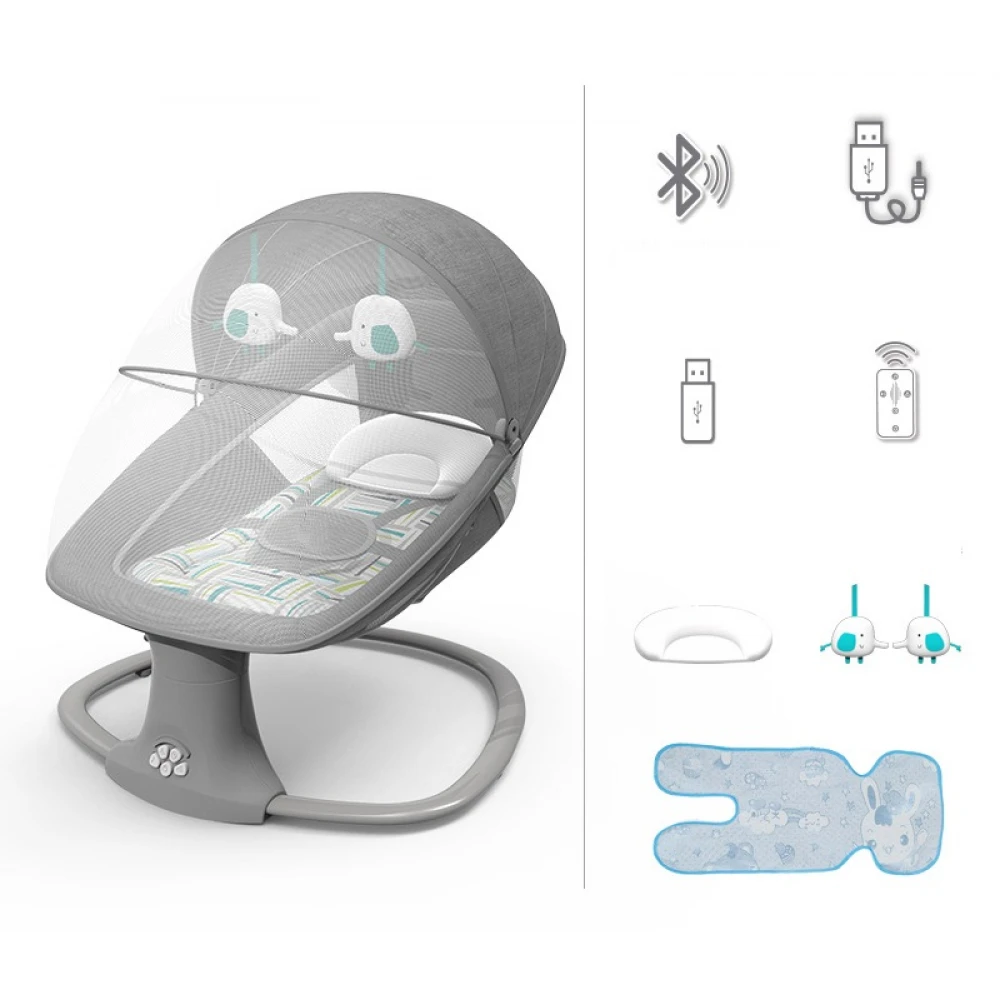 Leagăn electric bebelusi, Balansoar bebe 3 in 1 Mastela, Spătar reglabil, plasă de protectie, melodii, bară activități, usb, bluetooth, telecomandă