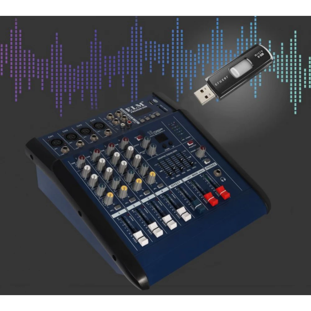 Mixer audio profesional cu amplificare, putere 2x250 W, 4 canale, 16 efecte, egalizator 5 benzi, Bluetooth, USB/MP3 și Sound Card