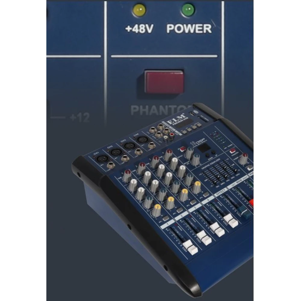 Mixer audio profesional cu amplificare, putere 2x250 W, 4 canale, 16 efecte, egalizator 5 benzi, Bluetooth, USB/MP3 și Sound Card