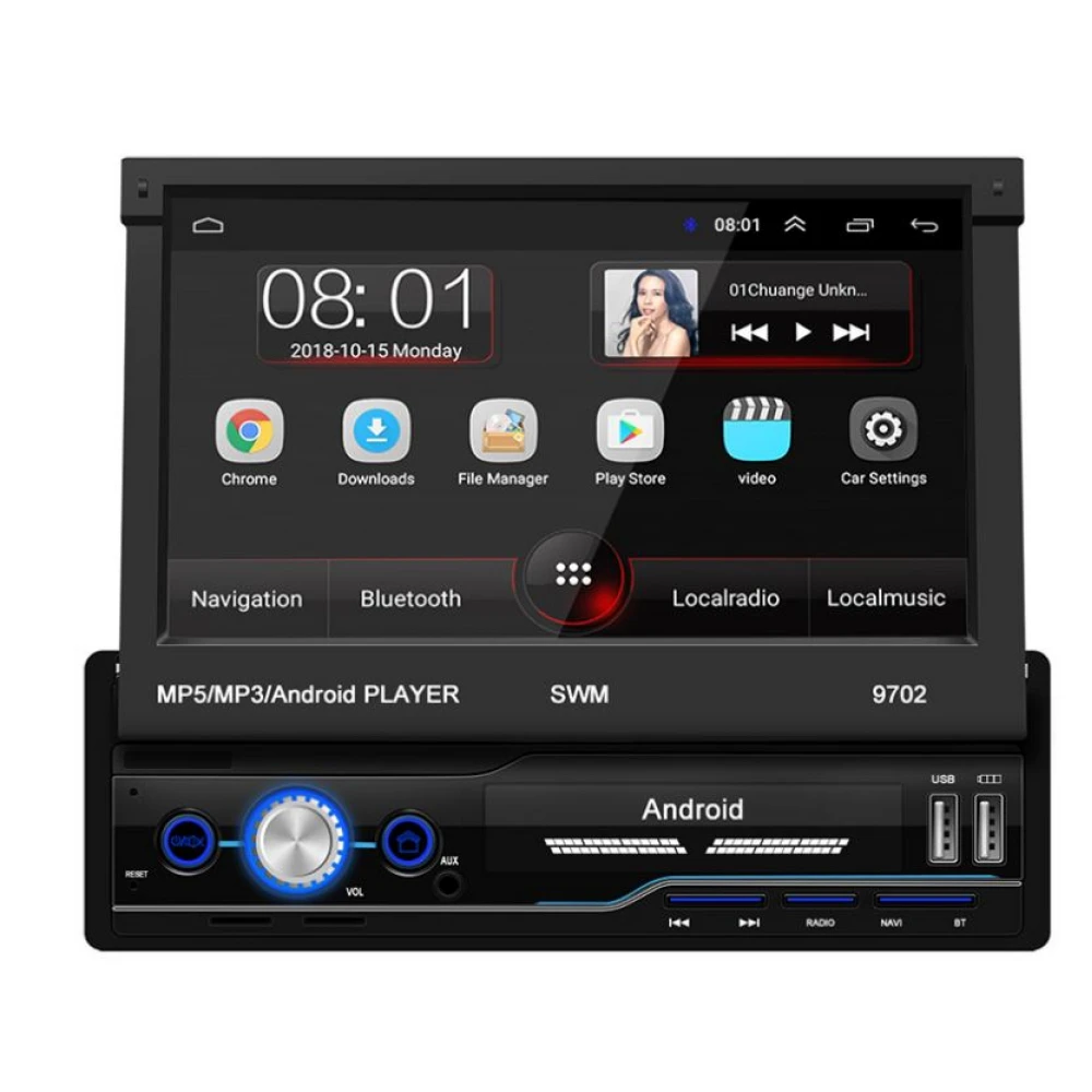 Navigatie 1DIN cu Android 9 - MP5 Player auto cu ecran rabatabil  - MirrorLink, FM Radio FM, GPS, Ecran 7'', Bluetooth, ieșire 60W 