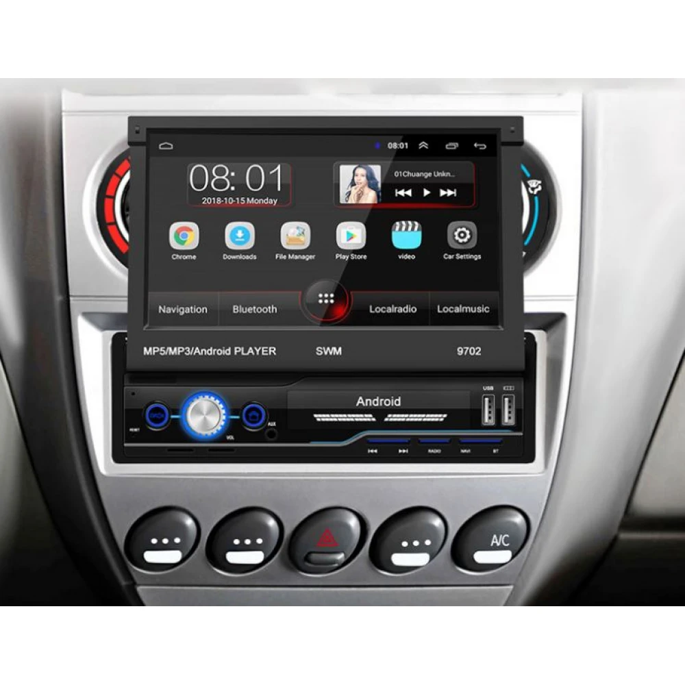 Navigatie 1DIN cu Android 9 - MP5 Player auto cu ecran rabatabil  - MirrorLink, FM Radio FM, GPS, Ecran 7'', Bluetooth, ieșire 60W 