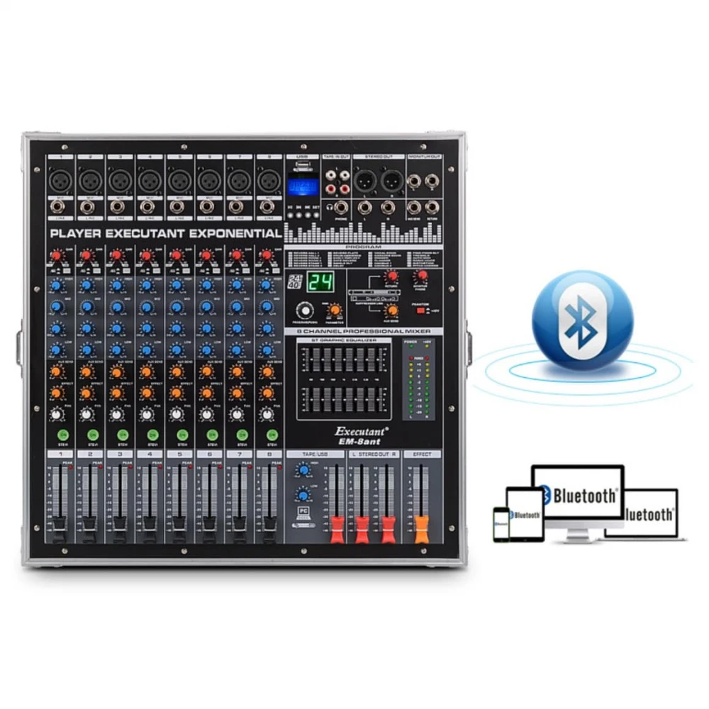 Mixer audio 12 canale cu amplificare 600W * 2 - profesional cu Bluetooth Record Multi-purpose Input Mic Line Insert Stereo USB Playback, USB Interface și Sound Card