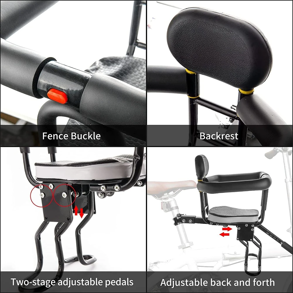 Scaun de bicicletă pentru copii, cu spătar și suport picioare, maxim 40kg, bare de protecție cu montaj pe cadrul bicicletei 