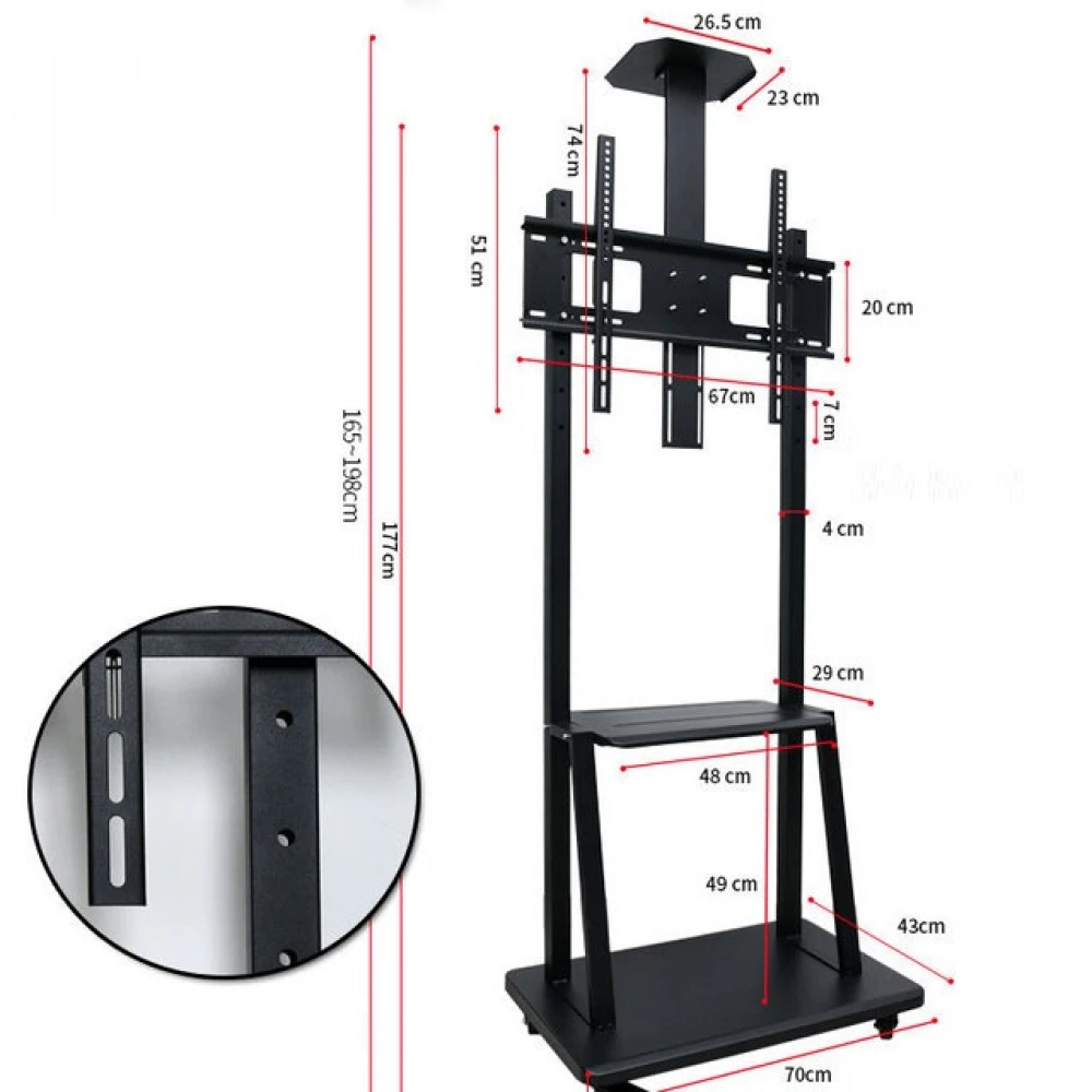 Stand, stativ, suport mobil de TV și videoproiector sau webcam (80kg max), cu roți blocabile, 80-190 cm, negru, cu 3 etaje, VESA 600x400