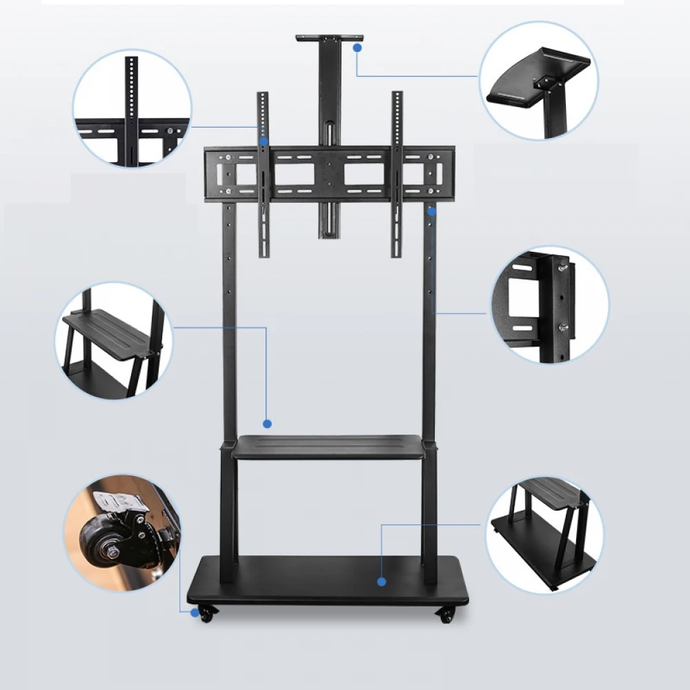 Stand, stativ, suport mobil de TV și videoproiector sau webcam (80kg max), cu roți blocabile, 80-190 cm, negru, cu 3 etaje, VESA 600x400