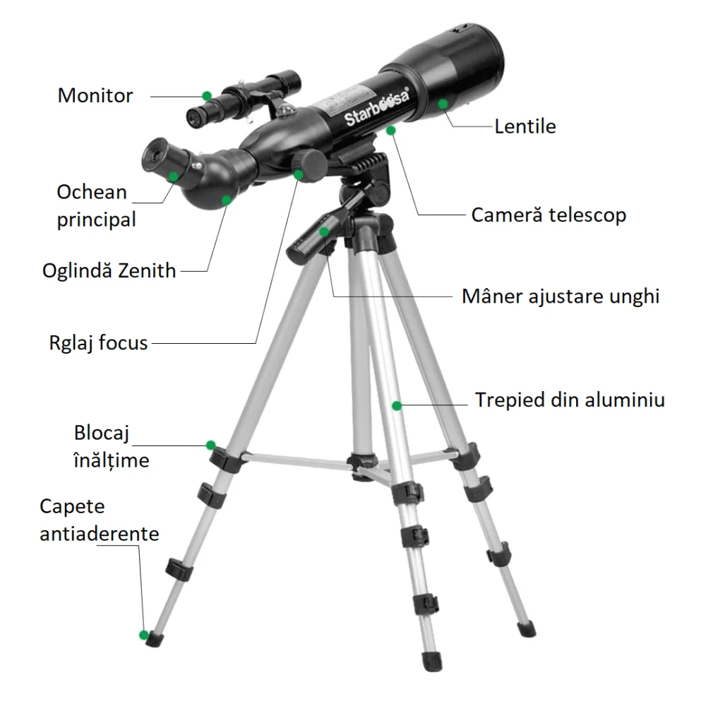 Telescop astronomic refractor educativ cu trepied din aluminiu - Starboosa 360 mm cu carcasă din metal cu lentile de sticlă