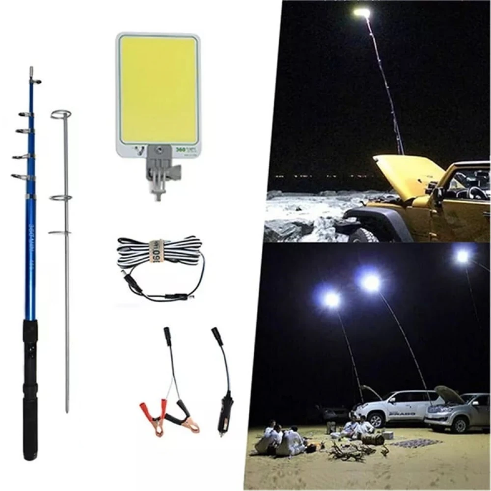 Lampă LED telescopică 5m tip undiță pentru camping, pescuit, munte cu alimentare 12v 50W, proiector înalt