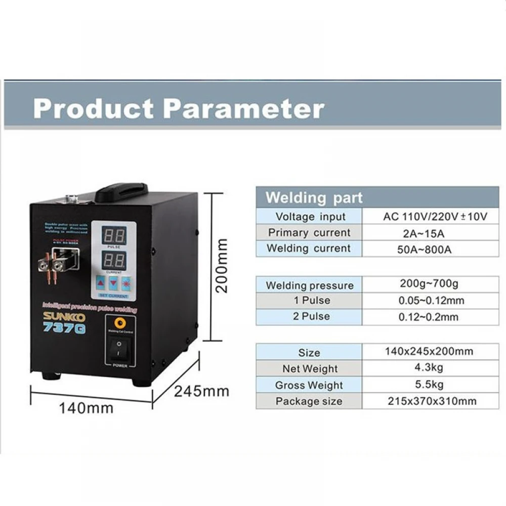 Aparat/mașină pentru sudat baterii în puncte SUNKKO 737G Premium cu dublu puls