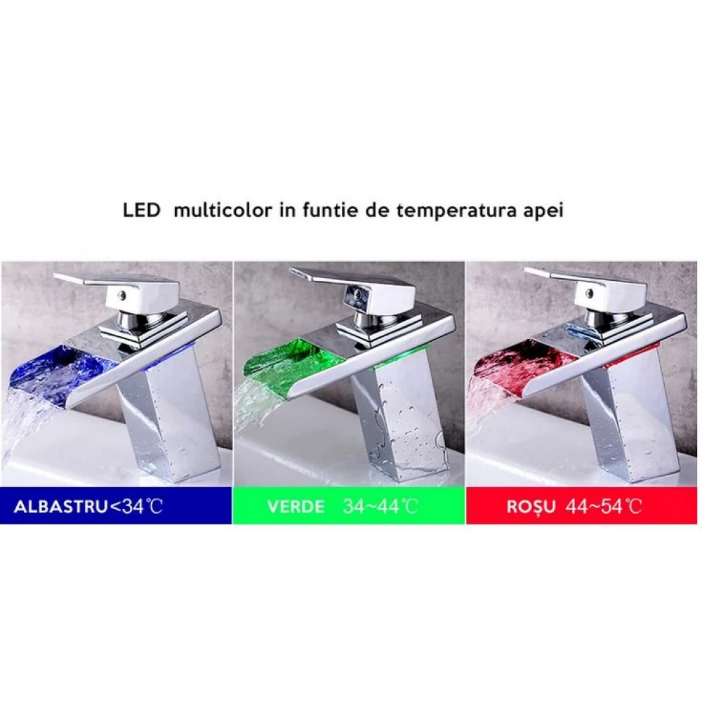 Baterie lavoar/Robinet bazin  cu senzor LED cu 3 culori încorporat, tip cascadă luminată, cu montare pe chiuvetă aspect modern din alamă