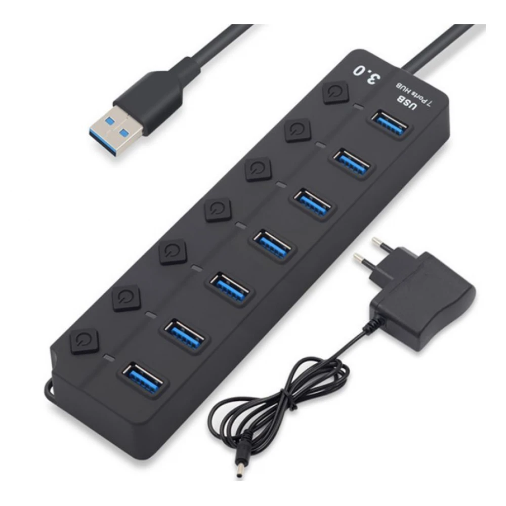 Hub USB 3.0, cu 7 porturi, adaptor alimentare, super viteză