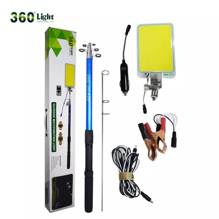 Lampă LED telescopică 5m tip undiță pentru camping, pescuit, munte cu alimentare 12v 50W, proiector înalt