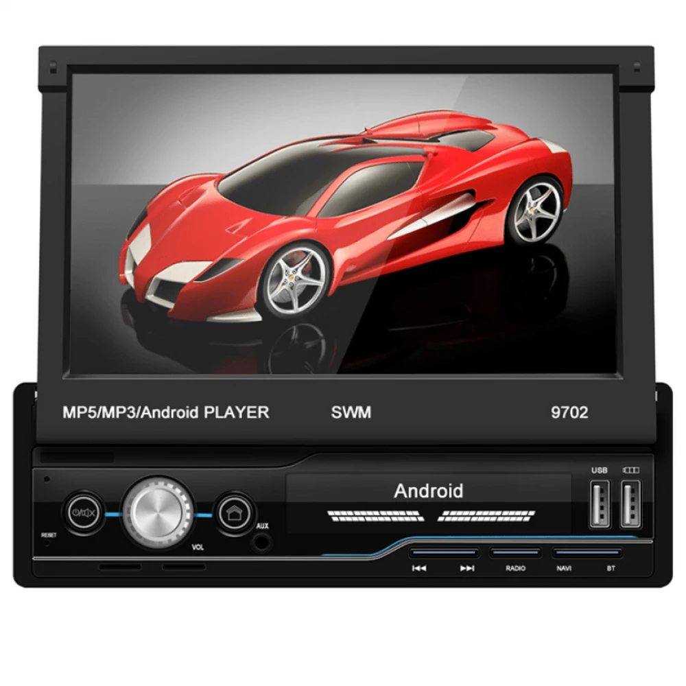 Navigatie 1DIN cu Android 9 - MP5 Player auto cu ecran rabatabil  - MirrorLink, FM Radio FM, GPS, Ecran 7'', Bluetooth, ieșire 60W 