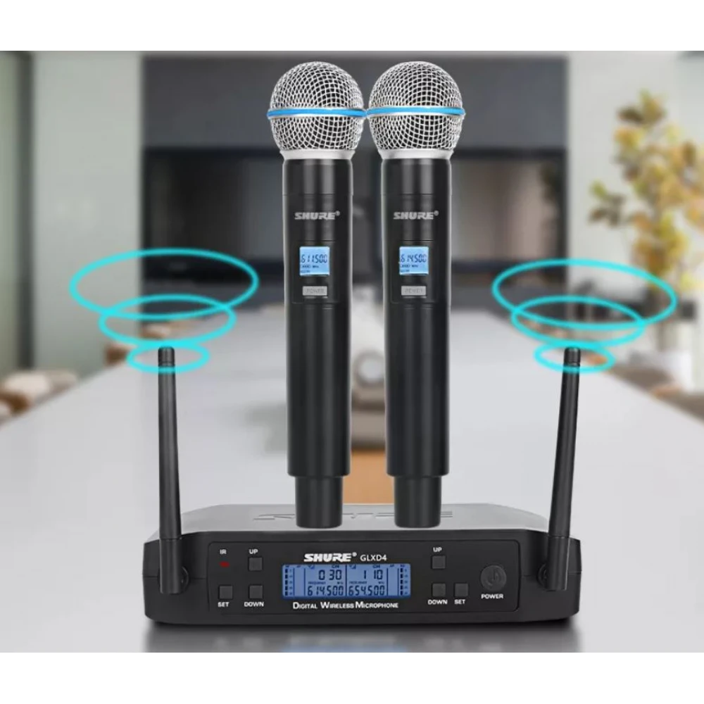 Set 2 microfoane Shure, profesionale, wireless UHF - Shure GLXD4 cu afișaj LCD (Microfon concerte / ședințe / evenimente)