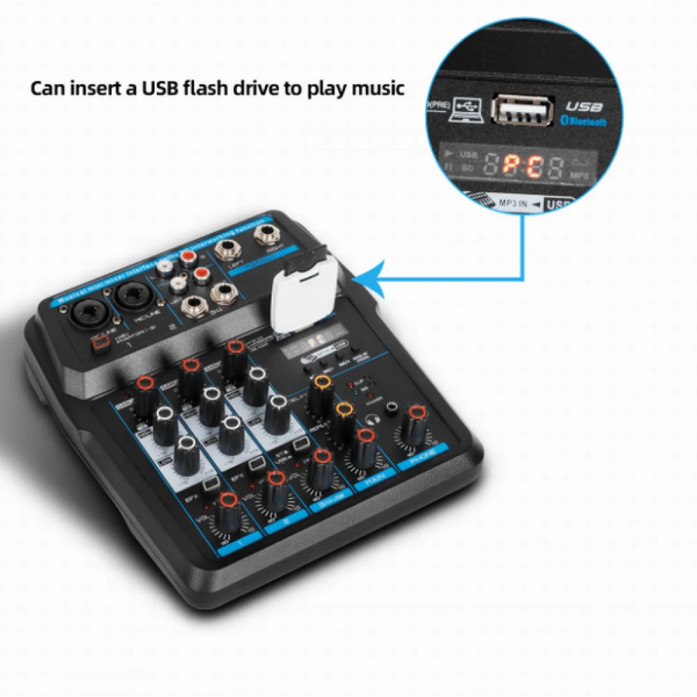 Mixer audio profesional cu Bluetooth Record Multi-purpose 4 canale Input Mic Line Insert Stereo USB Playback, USB Interface and a Sound Card