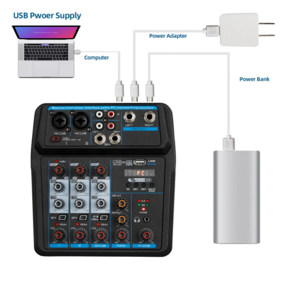 Mixer audio profesional cu Bluetooth Record Multi-purpose 4 canale Input Mic Line Insert Stereo USB Playback, USB Interface and a Sound Card