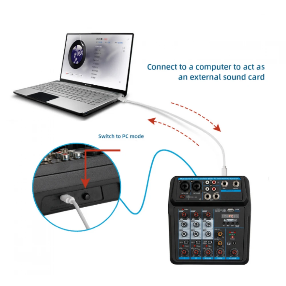 Mixer audio profesional cu Bluetooth Record Multi-purpose 4 canale Input Mic Line Insert Stereo USB Playback, USB Interface and a Sound Card