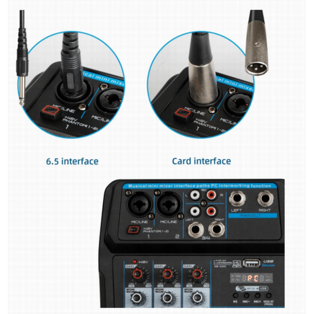 Mixer audio profesional cu Bluetooth Record Multi-purpose 4 canale Input Mic Line Insert Stereo USB Playback, USB Interface and a Sound Card