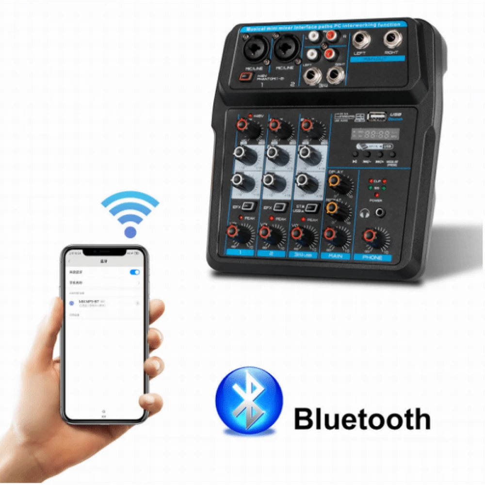 Mixer audio profesional cu Bluetooth Record Multi-purpose 4 canale Input Mic Line Insert Stereo USB Playback, USB Interface and a Sound Card