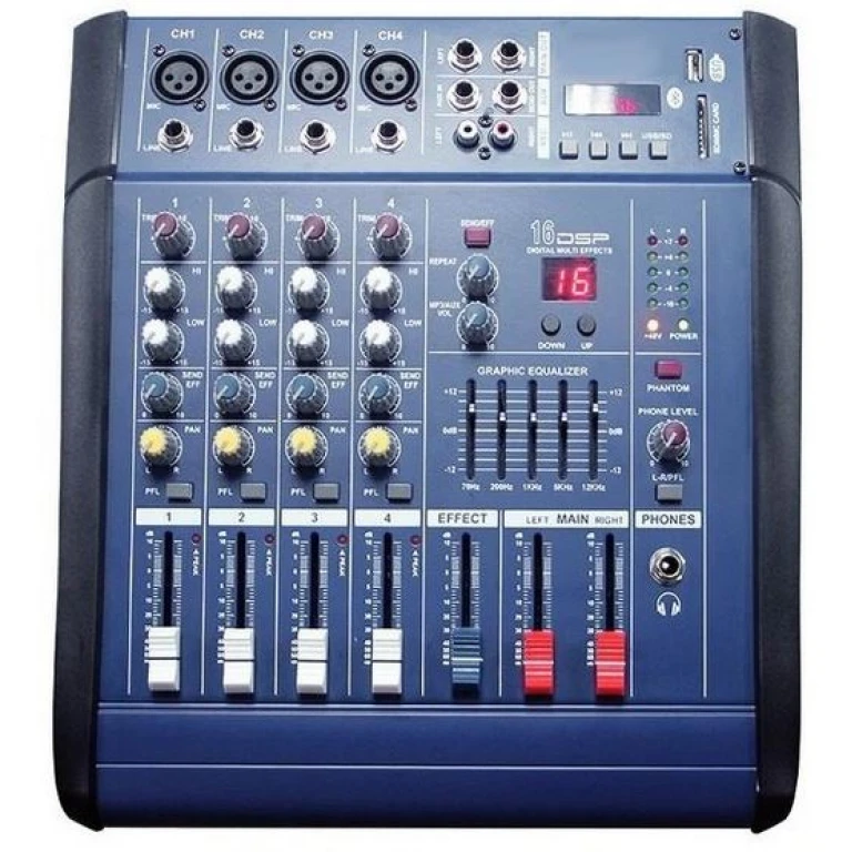 Mixer audio profesional cu amplificare, putere 2x250 W, 4 canale, 16 efecte, egalizator 5 benzi, Bluetooth, USB/MP3 și Sound Card