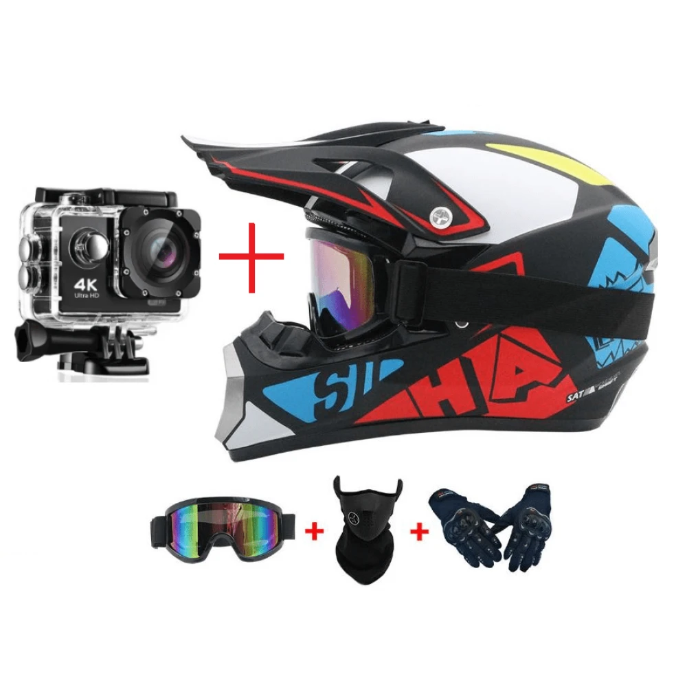 Pachet Cască Cross / Enduro/ Atv / Motocicletă + Camera Video Sport 4k Wi-Fi + Mănuși + Ochelari + Cagulă