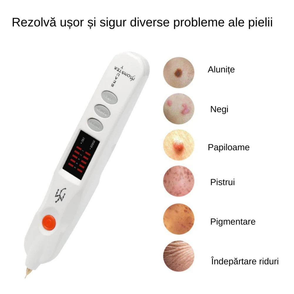 Aparat Plasma Pen cosmetic pentru indepartarea Tatuajelor, Cicatricilor, Petelor, Alunitelor, Pistruilor, Eliminarea cu laser a negilor, Ecran LCD, nivele reglabile, USB, Alb