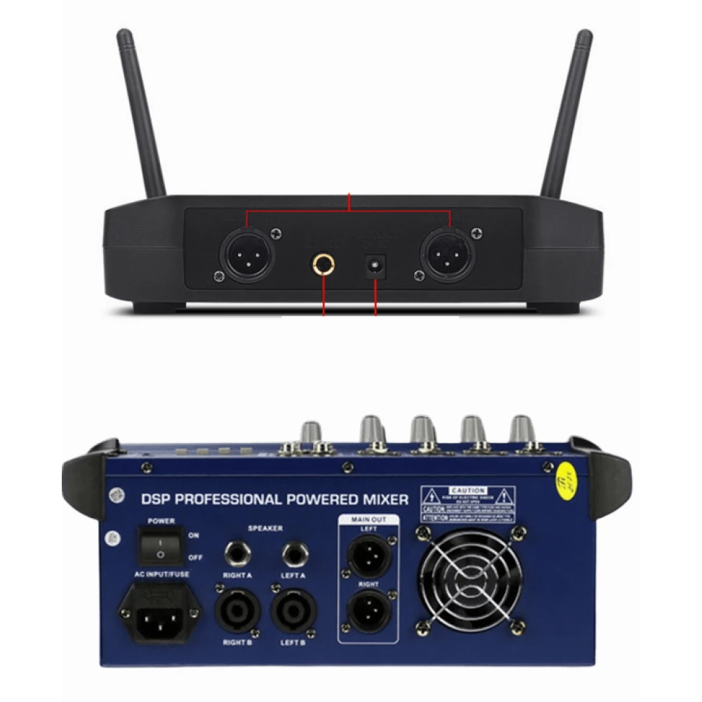 Pachet complet pentru performanțe audio profesionale: Mixer cu amplificare de 2x250W și Set de 2 microfoane profesionale wireless UHF