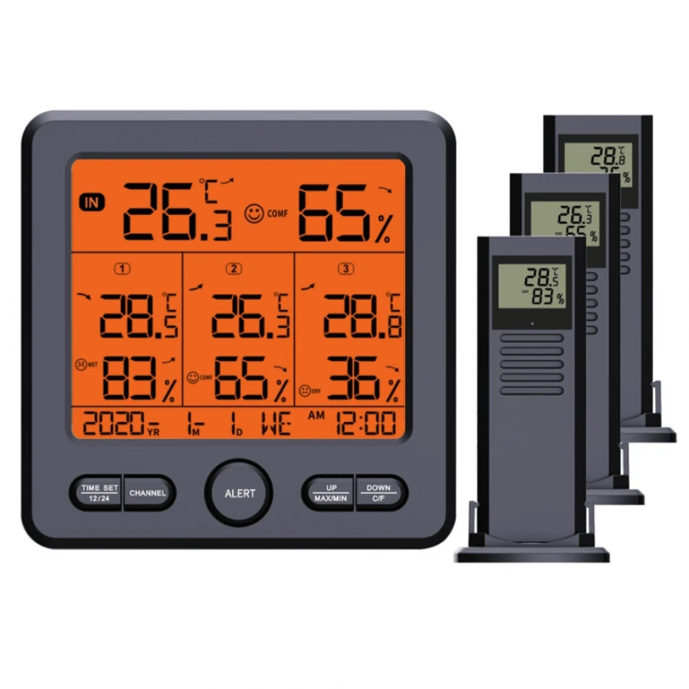  Termometru / Stație meteo / Termo-higrometru cu 3 senzori wireless de afișare temperatură și umiditatea din interior cât și de la exterior