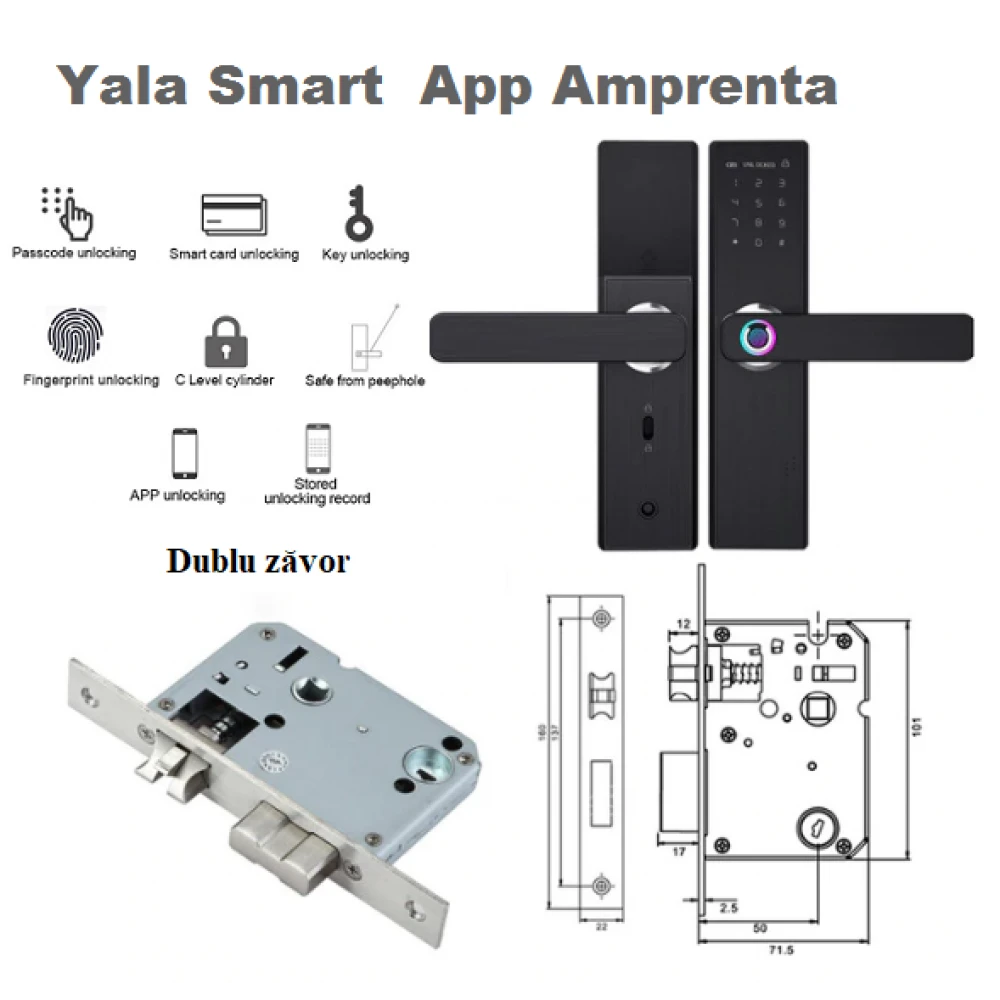 Yală-18cm Încuietoare inteligentă Dittom, Control și monitorizare prin aplicație Tuya, Cititor amprentă, Panou Touch iluminat, Alarmă , Sonerie, NFC, Card magnetic, Parolă