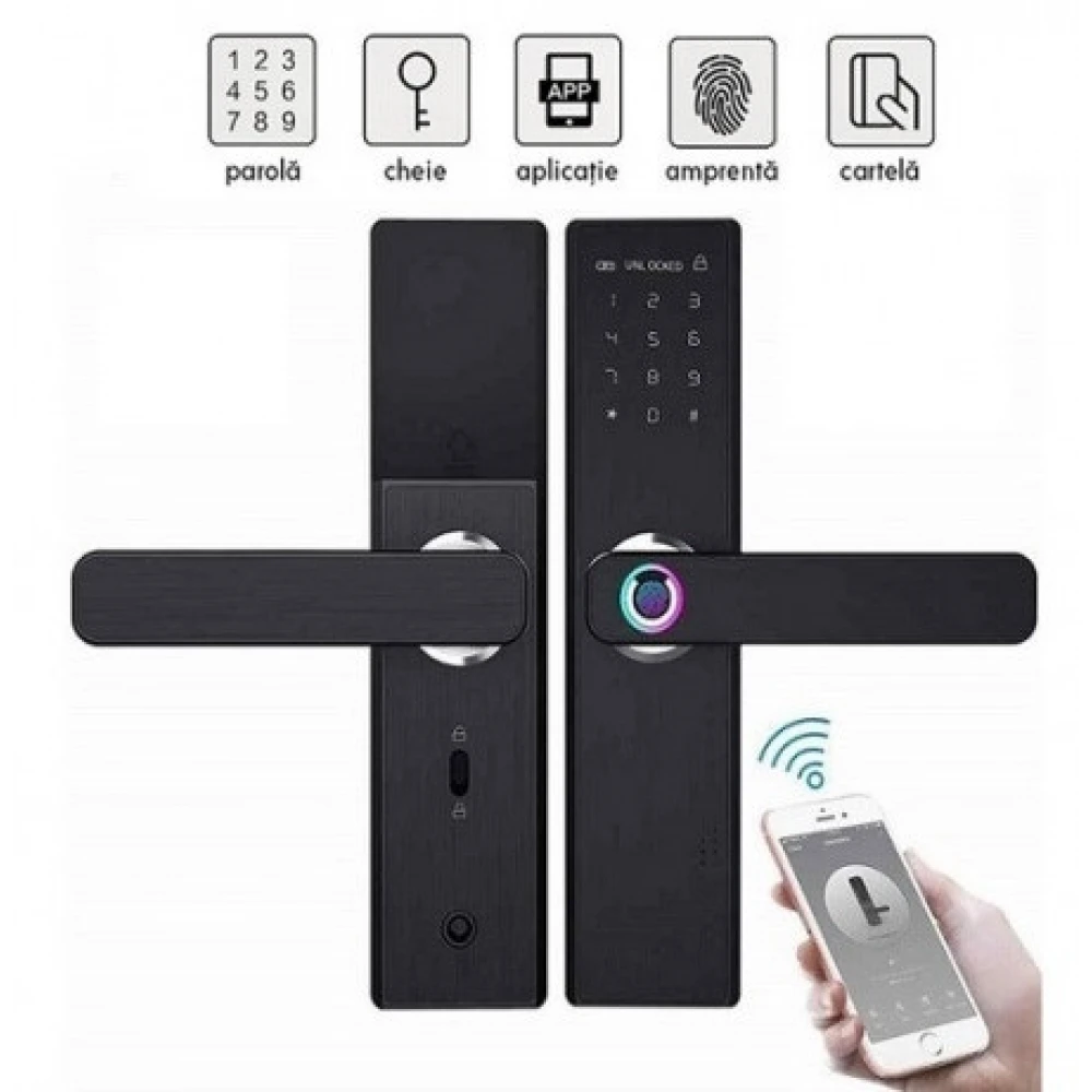 Yală-18cm Încuietoare inteligentă Dittom, Control și monitorizare prin aplicație Tuya, Cititor amprentă, Panou Touch iluminat, Alarmă , Sonerie, NFC, Card magnetic, Parolă