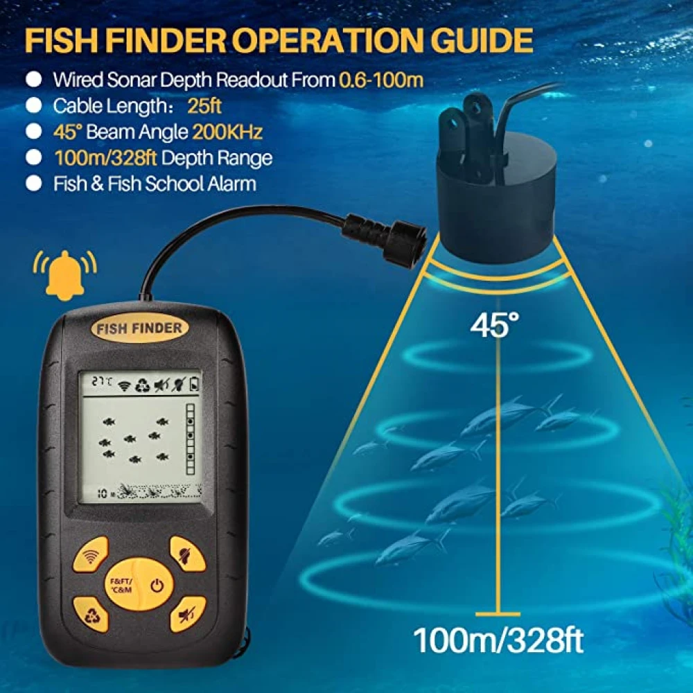 Sonar Fish Finder Model 2021 portabil cu ecran LCD, pentru localizarea peștilor, determinării adâncimii apei la mare, lac, râu sau baltă