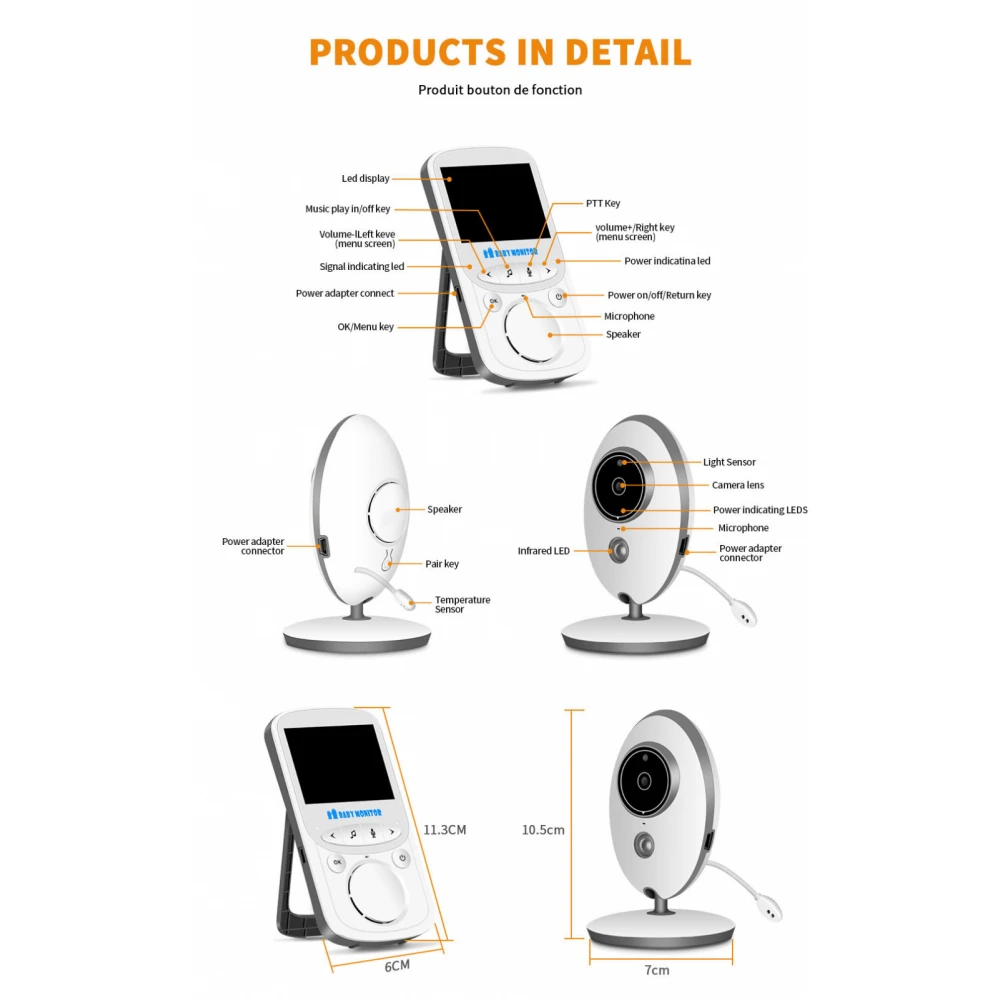 Baby Monitor Wireless, bidirecțional cu VIDEO + AUDIO + Night Vision,  monitorizare temperatură, 8 cântece de leagăn