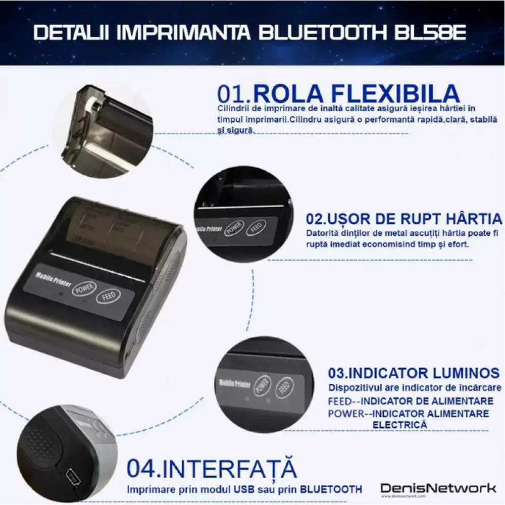 Mini Imprimantă mobilă, portabilă cu bluetooth, USB, cu hârtie termică 58mm, pentru telefon 