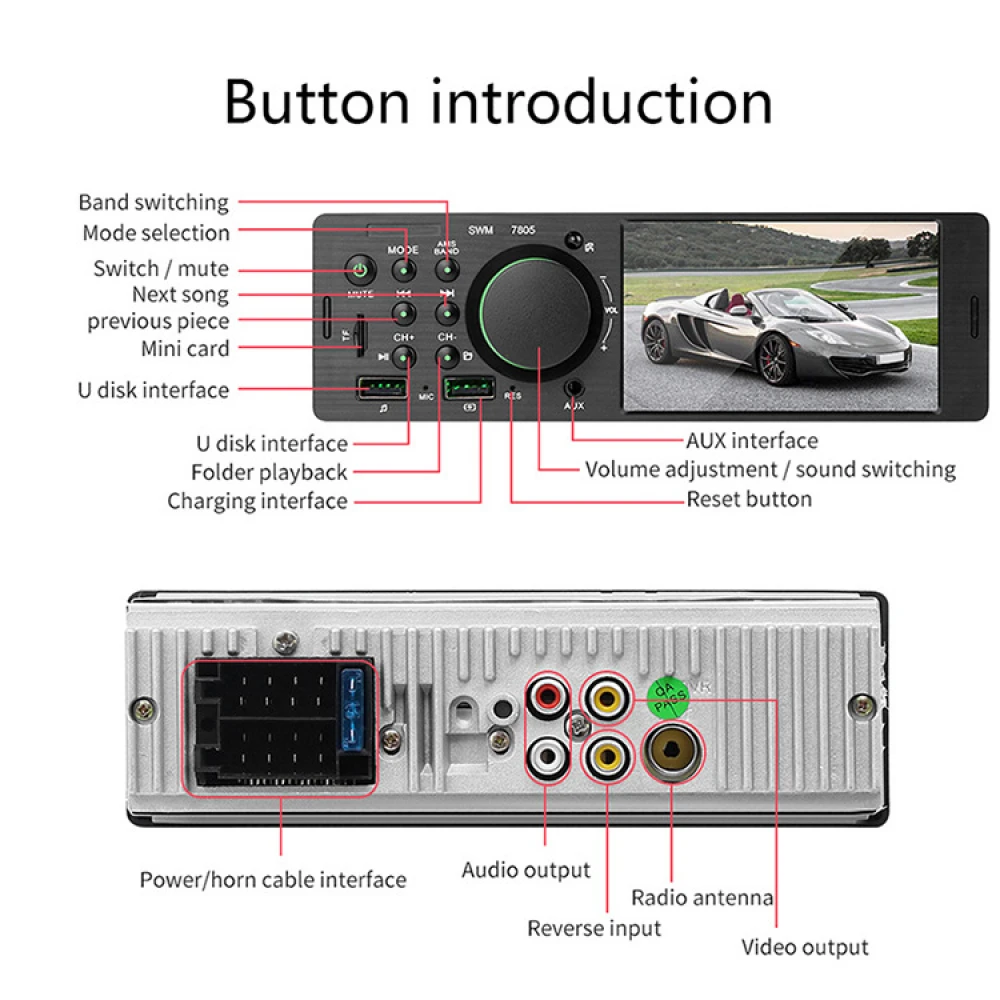 Radio Auto  MP3/1DIN , SD, USB, FM,  cu telecomandă / Display 4.1 / Ieșire amplificată 50WX4 