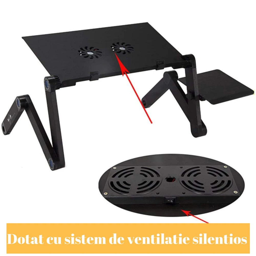 Măsuță laptop regabilă pe înălțime din aluminiu, masă cu sistem dublu ventilație tip cooler, USB, suport reglabil mouse, standing desk multifuncțional