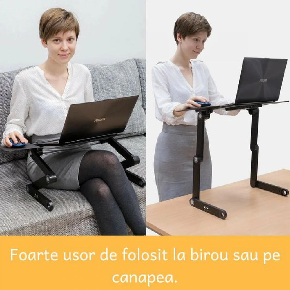 Măsuță laptop regabilă pe înălțime din aluminiu, masă cu sistem dublu ventilație tip cooler, USB, suport reglabil mouse, standing desk multifuncțional