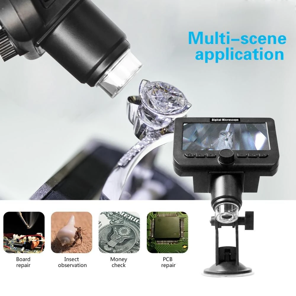 Microscop Digital FullHD cu mărire 1-600X cu ecran propriu și cameră 3.6 Mp 8 LED, pentru reparații electroniști, bijutieri, analize medicale 