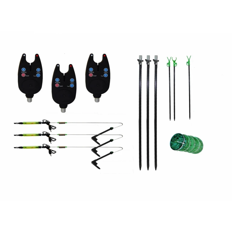 Set pentru pescuit, 3 x avertizori acustici led, juvelnic mare (163 cm /5 cercuri), 3 swingere cu lumină led pentru crap, știucă etc. de montat pe undiță